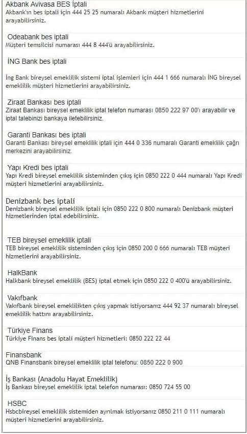 bireysel emeklilik şirketleri telefon numaraları