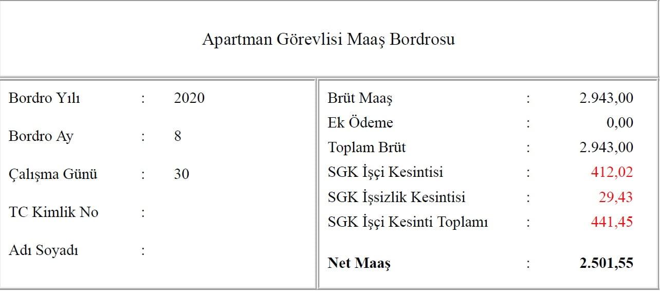 apartman görevlisi maaş bordrosu örneği